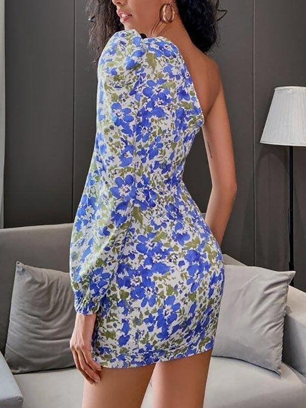 One Shoulder Floral Print Dress - Dresses - INS | Online Fashion Free Shipping Clothing, Dresses, Tops, Shoes - 01/27/2021 - Blue - Color_Blue