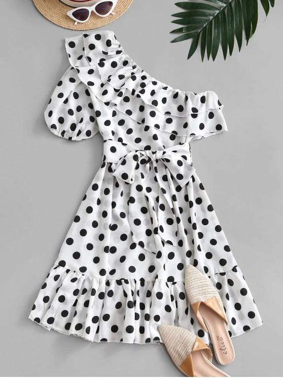 One Shoulder Polka Dot Flounce Belted Dress - INS | Online Fashion Free Shipping Clothing, Dresses, Tops, Shoes