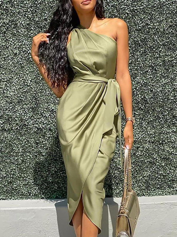 One Shoulder Ruched Slit Dress - Midi Dresses - INS | Online Fashion Free Shipping Clothing, Dresses, Tops, Shoes - 27/04/2021 - Color_Green - DRE210427088