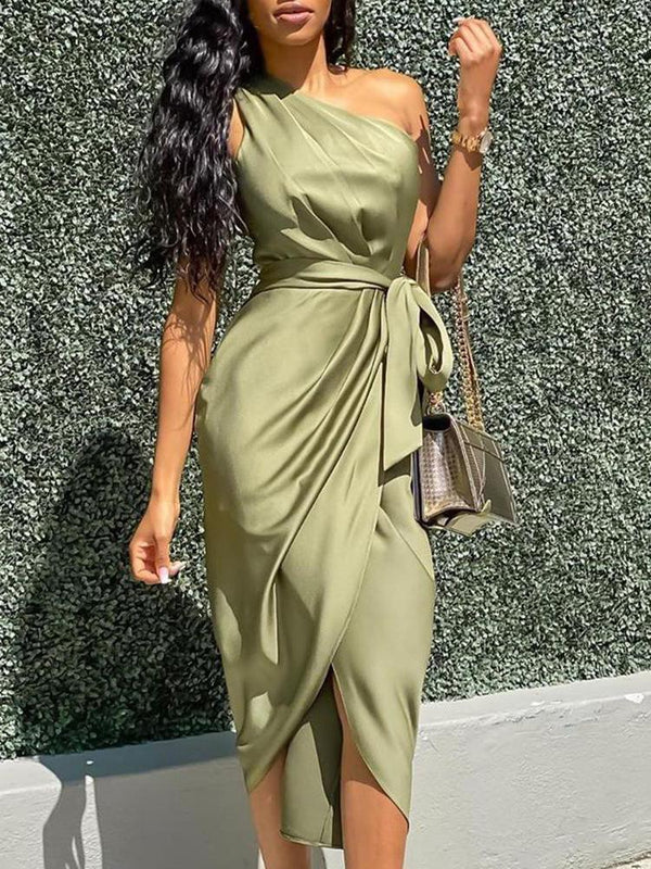 One Shoulder Ruched Slit Dress - Midi Dresses - INS | Online Fashion Free Shipping Clothing, Dresses, Tops, Shoes - 27/04/2021 - Color_Green - DRE210427088