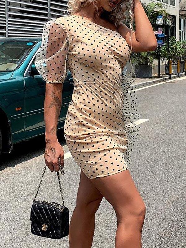 One Shoulder Ruffle Trim Polka Dot Mesh Dress - Dresses - INS | Online Fashion Free Shipping Clothing, Dresses, Tops, Shoes - 02//03/2021 - Apricot - Date Night