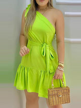 One Shoulder Ruffles Ruched Tied Detail Casual Dress - Mini Dresses - INS | Online Fashion Free Shipping Clothing, Dresses, Tops, Shoes - 30/04/2021 - Category_Mini Dresses - Color_Green