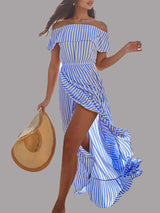 One-shoulder Stripe Slit Irregular Long Skirt - Maxi Dresses - INS | Online Fashion Free Shipping Clothing, Dresses, Tops, Shoes - 09/06/2021 - Color_Black - Color_Blue