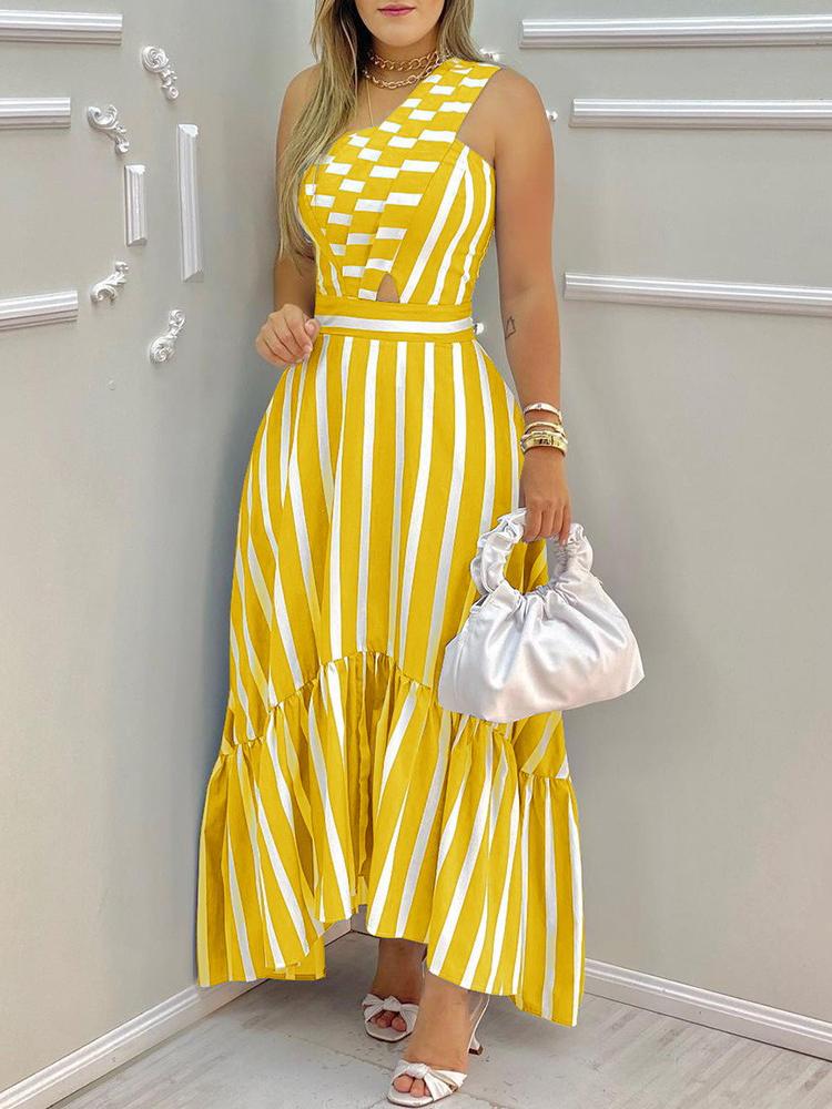 One Shoulder Striped Colorblock Casual Dress - Maxi Dresses - INS | Online Fashion Free Shipping Clothing, Dresses, Tops, Shoes - 28/04/2021 - Color_ Blue - Color_Yellow