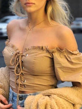 One-word Neck Front Tie Pleated Belly Cropped Blouses - Blouses - INS | Online Fashion Free Shipping Clothing, Dresses, Tops, Shoes - 04/13/2021 - BLO210412201 - Blouses