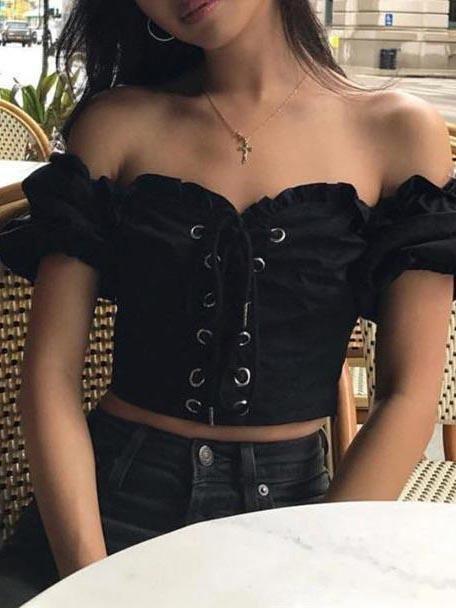 One-word Neck Front Tie Pleated Belly Cropped Blouses - Blouses - INS | Online Fashion Free Shipping Clothing, Dresses, Tops, Shoes - 04/13/2021 - BLO210412201 - Blouses