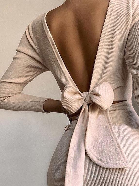 Open Back Bow Long Sleeve Dress - Mini Dresses - INS | Online Fashion Free Shipping Clothing, Dresses, Tops, Shoes - 11/06/2021 - Category_Mini Dresses - Color_Apricot