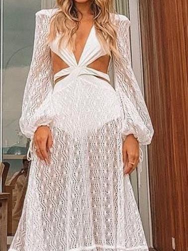 Open Back Lace Lantern Sleeve Hollow Dress - Maxi Dresses - INS | Online Fashion Free Shipping Clothing, Dresses, Tops, Shoes - 17/06/2021 - 40-50 - Category_Maxi Dresses