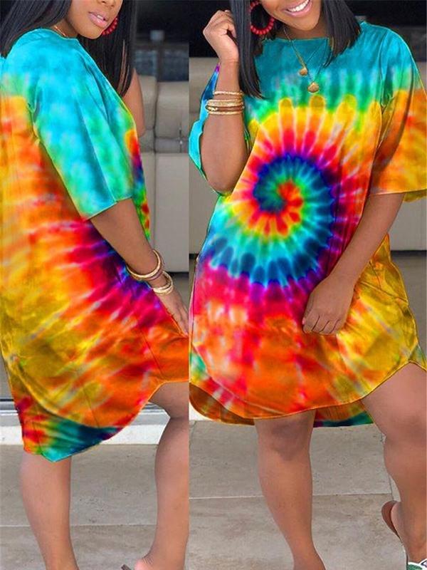 Oversied Crew Neck Mix Color Dye Pocket Casual Dress - Casual Dresses - INS | Online Fashion Free Shipping Clothing, Dresses, Tops, Shoes - 23/04/2021 - Casual Dresses - Color_Blue