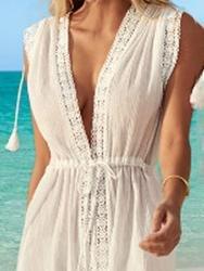 Patchwork Lace Deep V-neck White Long Dress - Maxi Dresses - INS | Online Fashion Free Shipping Clothing, Dresses, Tops, Shoes - 14/07/2021 - 30-40 - color-one-set5-pcs