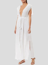 Patchwork Lace Deep V-neck White Long Dress - Maxi Dresses - INS | Online Fashion Free Shipping Clothing, Dresses, Tops, Shoes - 14/07/2021 - 30-40 - color-one-set5-pcs