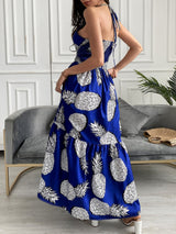 Pineapple Print Halter Ruffle Hem Maxi Dress - Maxi Dresses - INS | Online Fashion Free Shipping Clothing, Dresses, Tops, Shoes - 29/04/2021 - Category_Maxi Dresses - Color_Blue