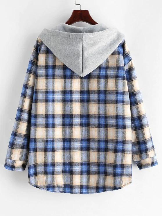 Plaid Buttoned Curved Hem Hooded Coat - INS | Online Fashion Free Shipping Clothing, Dresses, Tops, Shoes