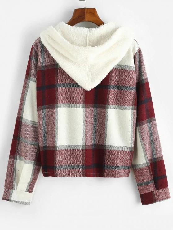 Plaid Contrast Fleece Hooded Button Up Jacket - INS | Online Fashion Free Shipping Clothing, Dresses, Tops, Shoes