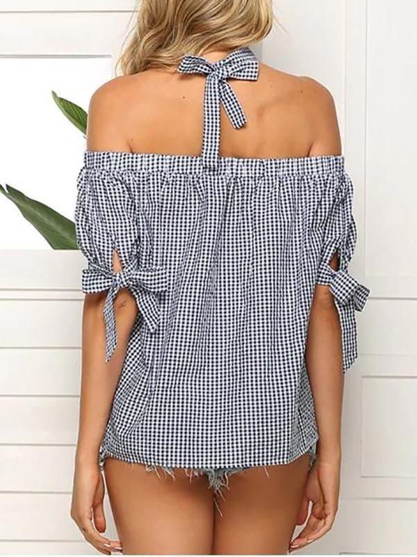 Plaid Halter Tie Cuffs Blouse - Blouses - INS | Online Fashion Free Shipping Clothing, Dresses, Tops, Shoes - 02/08/2021 - Blouses - Casual