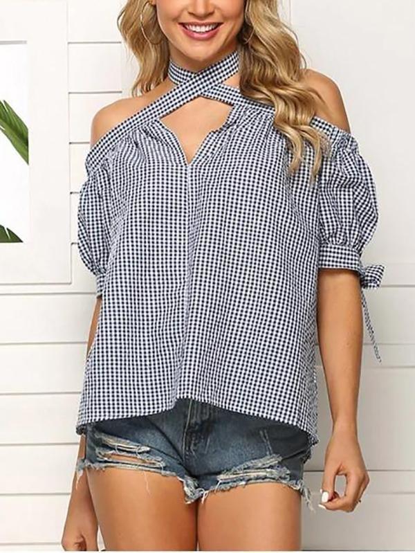 Plaid Halter Tie Cuffs Blouse - Blouses - INS | Online Fashion Free Shipping Clothing, Dresses, Tops, Shoes - 02/08/2021 - Blouses - Casual