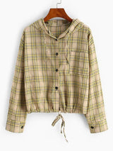 Plaid Hooded Drawstring Chest Pocket Jacket - INS | Online Fashion Free Shipping Clothing, Dresses, Tops, Shoes