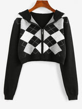 Plaid Hooded Zip Up Crop Cardigan - INS | Online Fashion Free Shipping Clothing, Dresses, Tops, Shoes