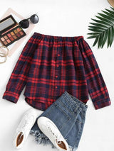 Plaid Off Shoulder Mock Button Tunic Blouse - INS | Online Fashion Free Shipping Clothing, Dresses, Tops, Shoes