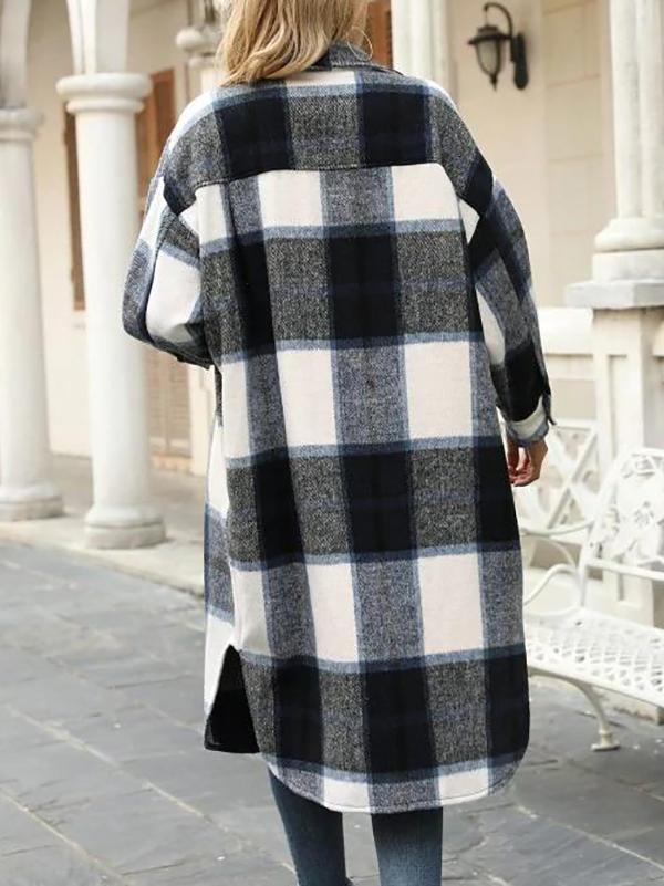 Plaid Pocket Drop Shoulder Slit Long Coat - Coats - INS | Online Fashion Free Shipping Clothing, Dresses, Tops, Shoes - 02/08/2021 - Casual - Coats