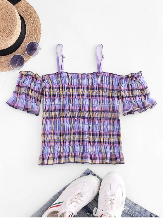 Plaid Smocked Cold Shoulder Crop Top - INS | Online Fashion Free Shipping Clothing, Dresses, Tops, Shoes