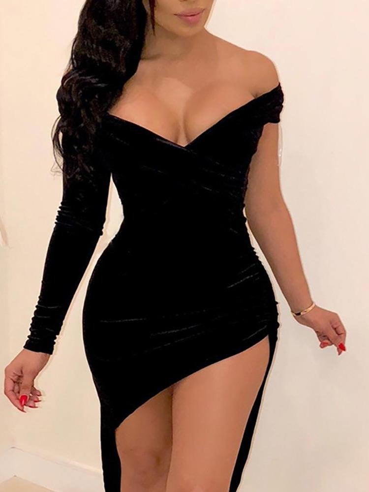 Plain Off Shoulder Asymmetrical Party Dress - Bodycon Dresses - INS | Online Fashion Free Shipping Clothing, Dresses, Tops, Shoes - 27/04/2021 - Bodycon Dresses - Color_Black