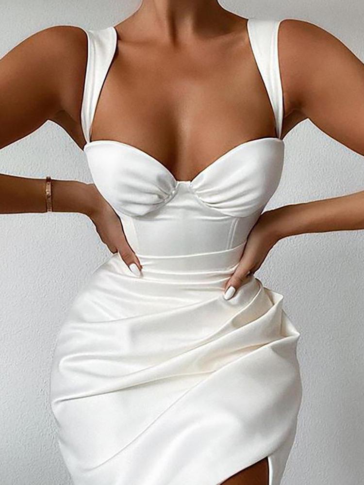 Plain Ruched Slit Thick Strap Bodycon Dress - Bodycon Dresses - INS | Online Fashion Free Shipping Clothing, Dresses, Tops, Shoes - 27/04/2021 - Bodycon Dresses - Color_White