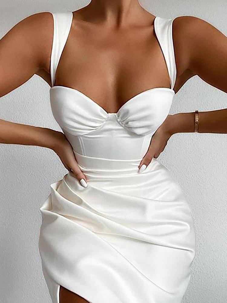 Plain Ruched Slit Thick Strap Bodycon Dress - Bodycon Dresses - INS | Online Fashion Free Shipping Clothing, Dresses, Tops, Shoes - 27/04/2021 - Bodycon Dresses - Color_White
