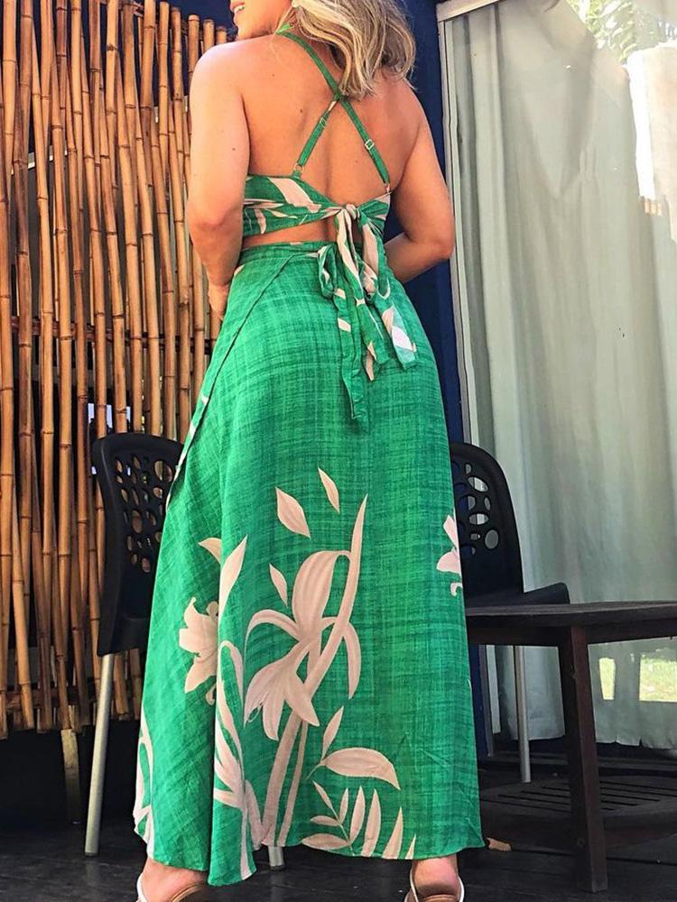 Plants Print Crisscross Back Top & Wrap Skirt Set - Two-piece Outfits - INS | Online Fashion Free Shipping Clothing, Dresses, Tops, Shoes - 29/04/2021 - Color_Green - Season_Summer