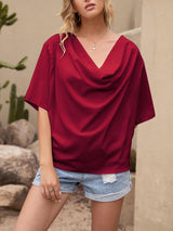 Pleated Drape Solid Color V-neck Short Sleeve Loose Blouses - Blouses - INS | Online Fashion Free Shipping Clothing, Dresses, Tops, Shoes - 16/04/2021 - BLO210416204 - Blouses