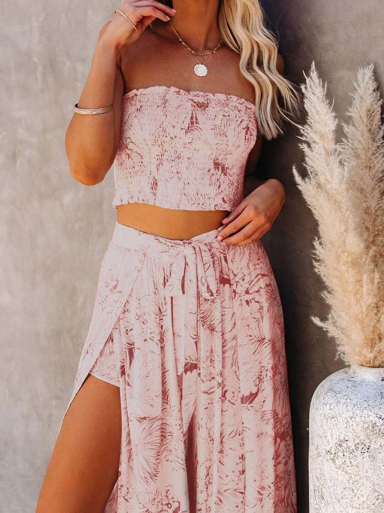 Pleated Printed Tube Top & Pants Skirt Two-piece Outfit - Sets - INS | Online Fashion Free Shipping Clothing, Dresses, Tops, Shoes - 23/07/2021 - 30-40 - Bottoms