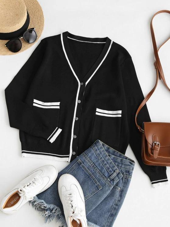 Plunge Contrast Knit Pocket Cardigan - INS | Online Fashion Free Shipping Clothing, Dresses, Tops, Shoes