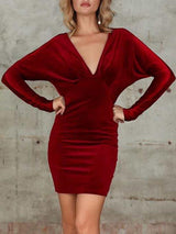 Plunge Neck Batwing Sleeve Velvet Bodycon Dress - Dresses - INS | Online Fashion Free Shipping Clothing, Dresses, Tops, Shoes - Autumn - Bodycon Dresses - Burgundy