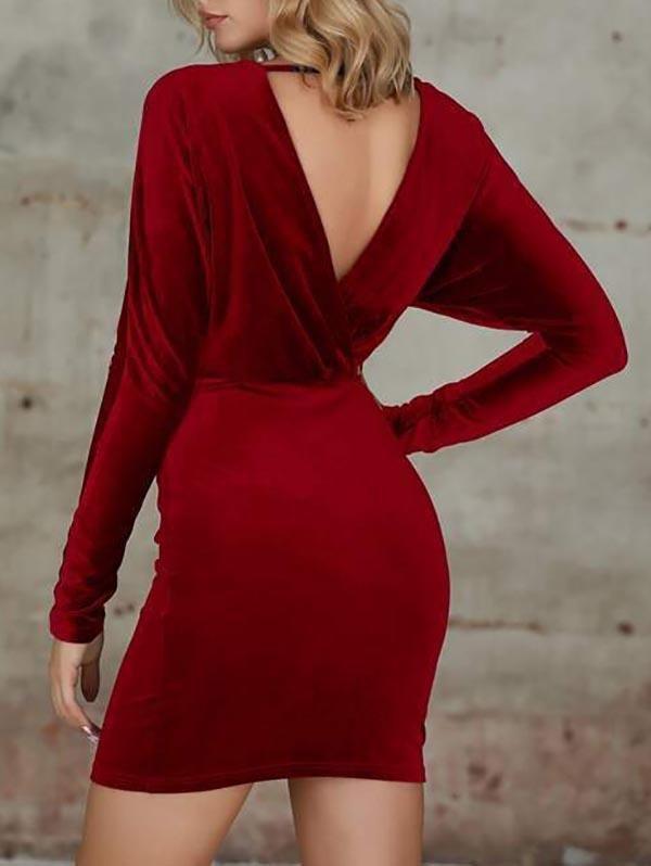 Plunge Neck Batwing Sleeve Velvet Bodycon Dress - Dresses - INS | Online Fashion Free Shipping Clothing, Dresses, Tops, Shoes - Autumn - Bodycon Dresses - Burgundy