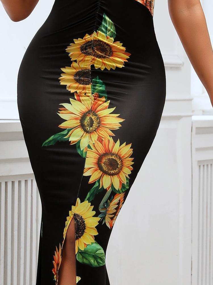 Plunge Sunflower Print Slit Maxi Dress - Maxi Dresses - INS | Online Fashion Free Shipping Clothing, Dresses, Tops, Shoes - 30/04/2021 - Category_Bodycon Dresses - Color_Black