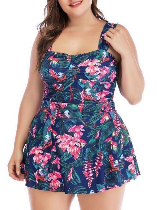 Plunging Collar Flower Print Ruffle Tankini Swimsuit Dress - Plus Swimsuits - INS | Online Fashion Free Shipping Clothing, Dresses, Tops, Shoes - 21/04/2021 - 2104V3 - Catagory_Plus Bikinis