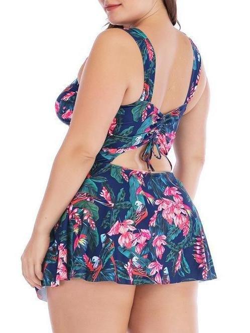 Plunging Collar Flower Print Ruffle Tankini Swimsuit Dress - Plus Swimsuits - INS | Online Fashion Free Shipping Clothing, Dresses, Tops, Shoes - 21/04/2021 - 2104V3 - Catagory_Plus Bikinis