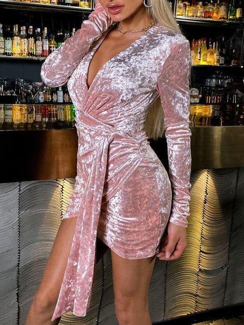 Plunging Neck Draped Detail Velvet Dress - Dresses - INS | Online Fashion Free Shipping Clothing, Dresses, Tops, Shoes - Autumn - Baby Pink - Bodycon Dresses