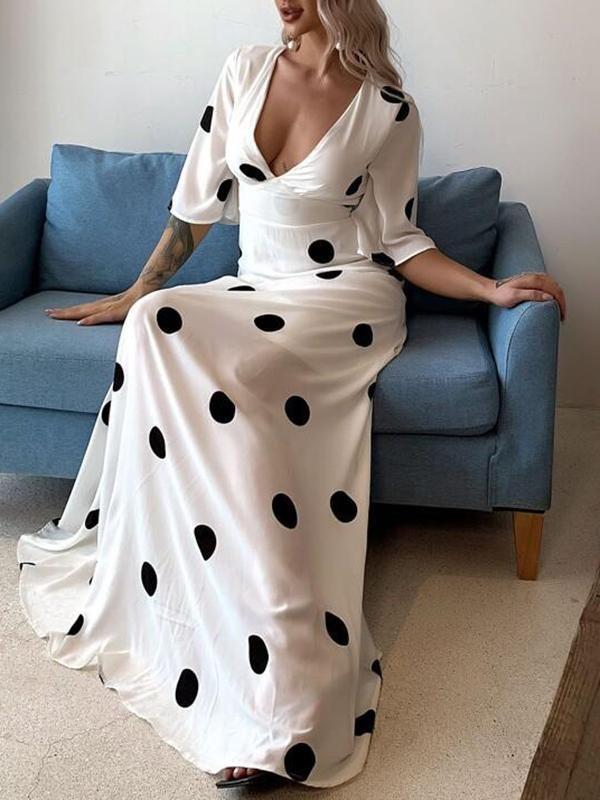 Plunging Neck Flounce Sleeve Polka Dot Maxi Dress - Dresses - INS | Online Fashion Free Shipping Clothing, Dresses, Tops, Shoes - 01/29/2021 - Autumn - chiffon-dress