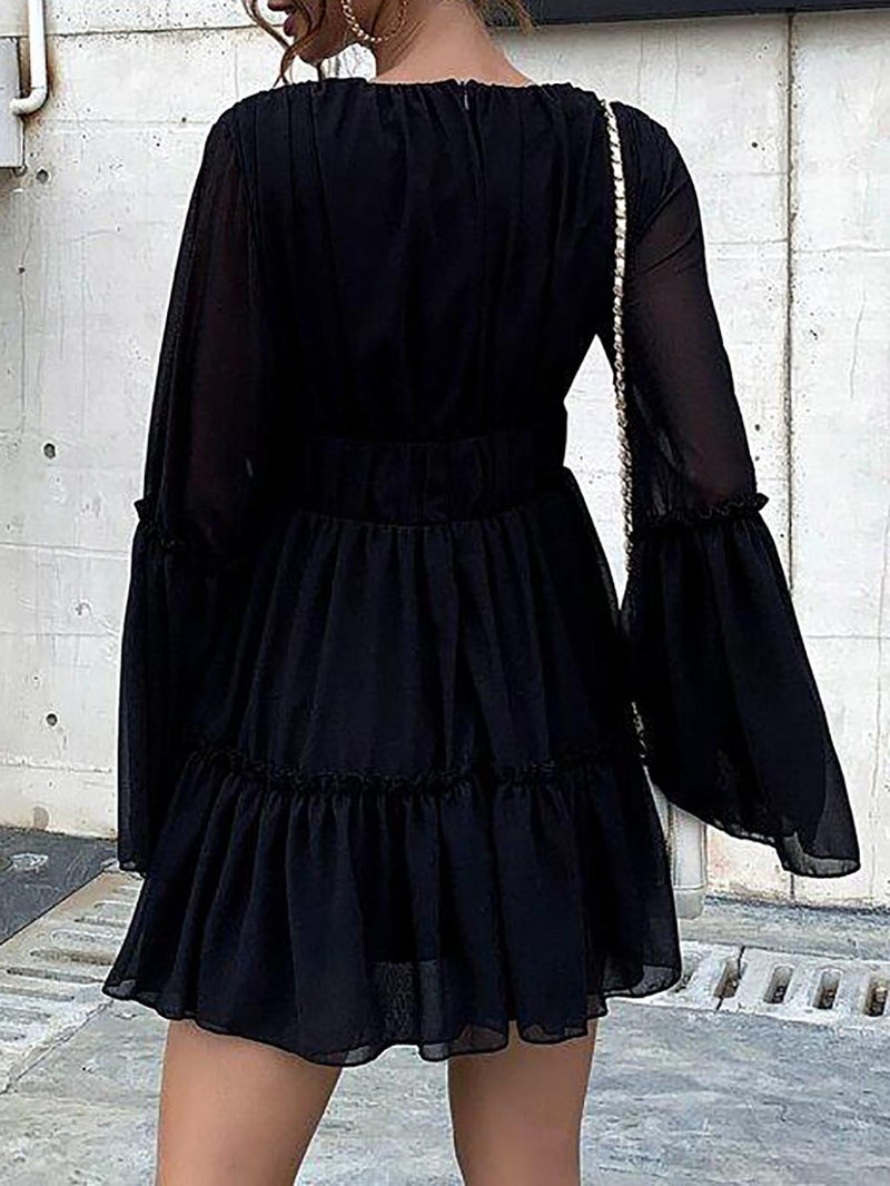 Plunging Neck Frill Ruffle Hem Chiffon Dress - Mini Dresses - INS | Online Fashion Free Shipping Clothing, Dresses, Tops, Shoes - 02/05/2021 - Apricot - Black