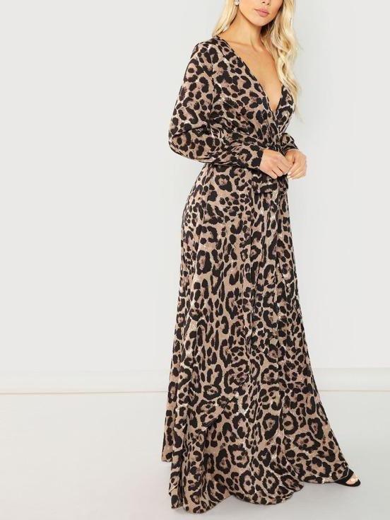 Plunging Self Tie Leopard Surplice Dress - Dresses - INS | Online Fashion Free Shipping Clothing, Dresses, Tops, Shoes - 01/27/2021 - Autumn - chiffon-dress
