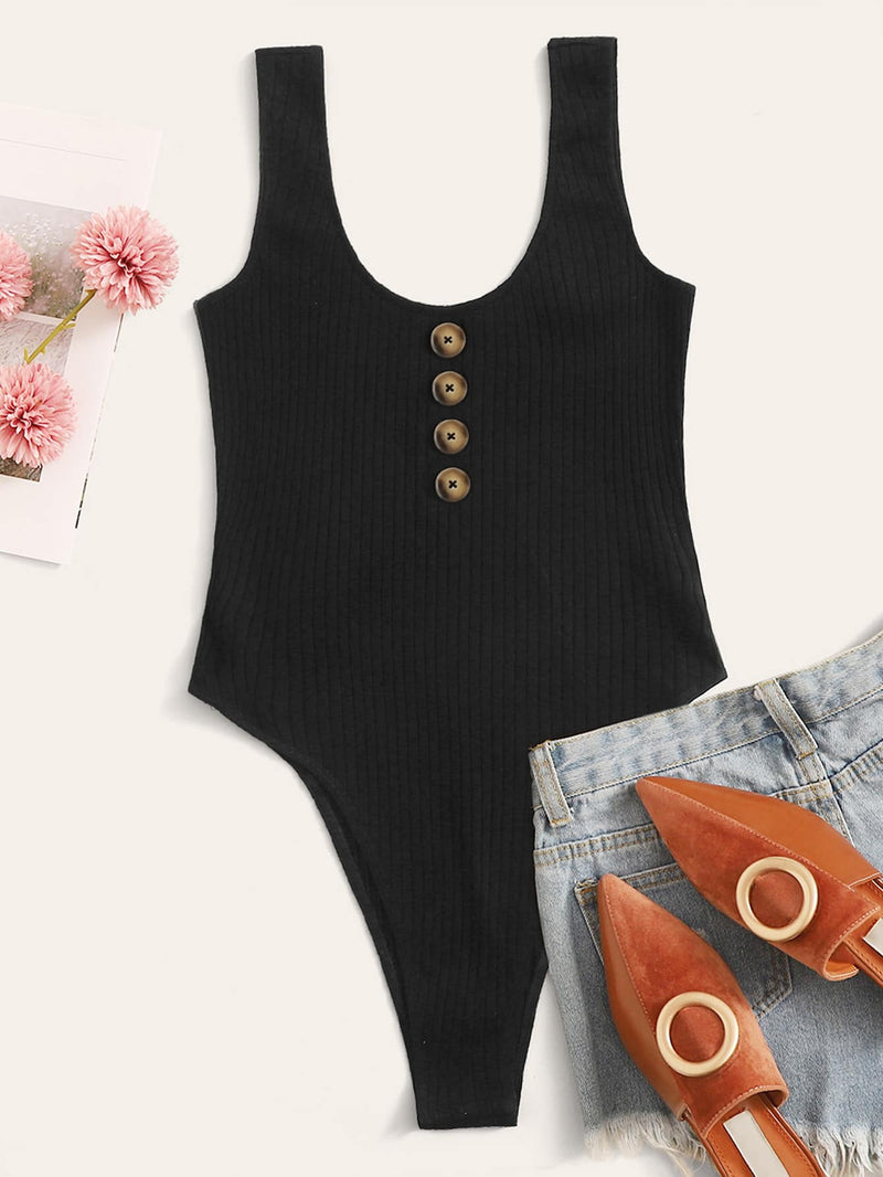 Plus Buttoned Front Rib-knit Tank Bodysuit - Plus Bodysuit - INS | Online Fashion Free Shipping Clothing, Dresses, Tops, Shoes - 01/27/2021 - 0XL - 1XL