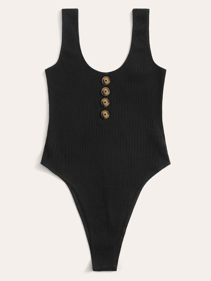 Plus Buttoned Front Rib-knit Tank Bodysuit - Plus Bodysuit - INS | Online Fashion Free Shipping Clothing, Dresses, Tops, Shoes - 01/27/2021 - 0XL - 1XL