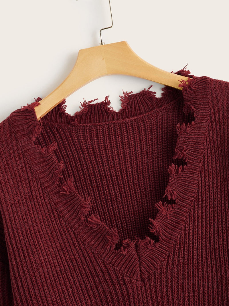 Plus Chunky Knit Frayed Drop Shoulder Sweater - INS | Online Fashion Free Shipping Clothing, Dresses, Tops, Shoes