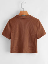 Plus Collared Rib-knit Crop Top - INS | Online Fashion Free Shipping Clothing, Dresses, Tops, Shoes
