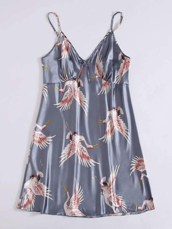 Plus Crane Print Satin Night Dress - INS | Online Fashion Free Shipping Clothing, Dresses, Tops, Shoes