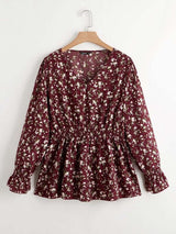 Plus Ditsy Floral Print Shirred Waist Blouse - INS | Online Fashion Free Shipping Clothing, Dresses, Tops, Shoes