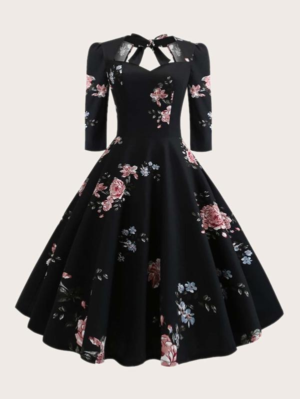 Plus Floral Print Fit And Flare Dress - INS | Online Fashion Free Shipping Clothing, Dresses, Tops, Shoes