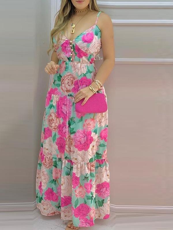 Plus Flower Print Deep V Neck Sling Maxi Dress - Maxi Dresses - INS | Online Fashion Free Shipping Clothing, Dresses, Tops, Shoes - 20/04/2021 - Color_ Blue - Color_Green