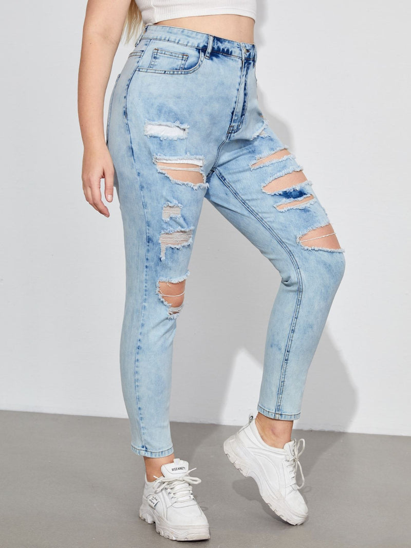 Plus High-Rise Ripped Jeans - INS | Online Fashion Free Shipping Clothing, Dresses, Tops, Shoes